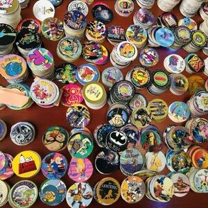 90s POGs Collection of 75 POGs and Two Slammers Metal and Plastic